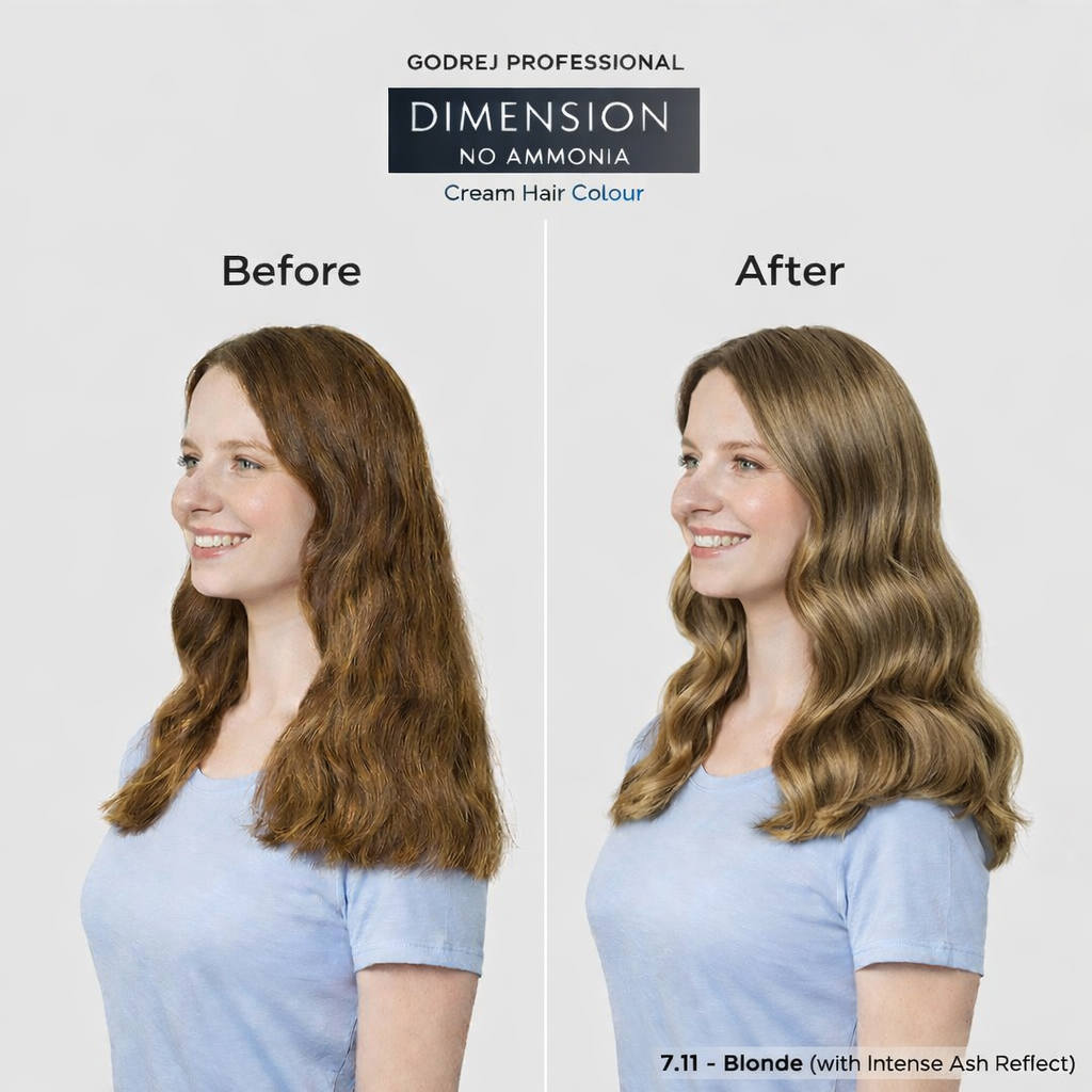 Godrej Professional Dimension No Ammonia Cream Hair Colour 7.11 Blonde before and after result showing visible hair colour transformation