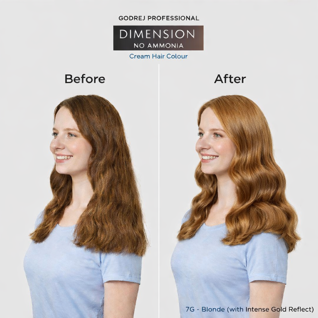 Godrej Professional Dimension No Ammonia Cream Hair Colour 7G Blonde before and after result showing visible hair colour transformation