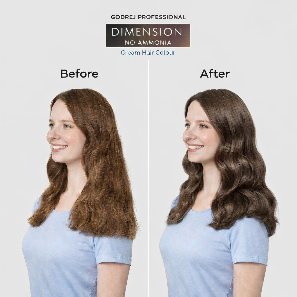 Godrej Professional Dimension No Ammonia Cream Hair Colour 8 Light Blonde before and after result showing visible hair colour transformation
