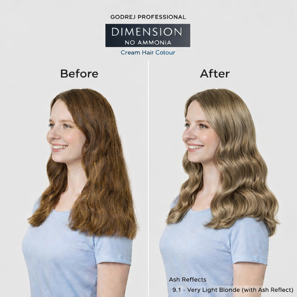 Godrej Professional Dimension No Ammonia Cream Hair Colour 9.1 Very Light Blonde before and after result showing visible hair colour transformation