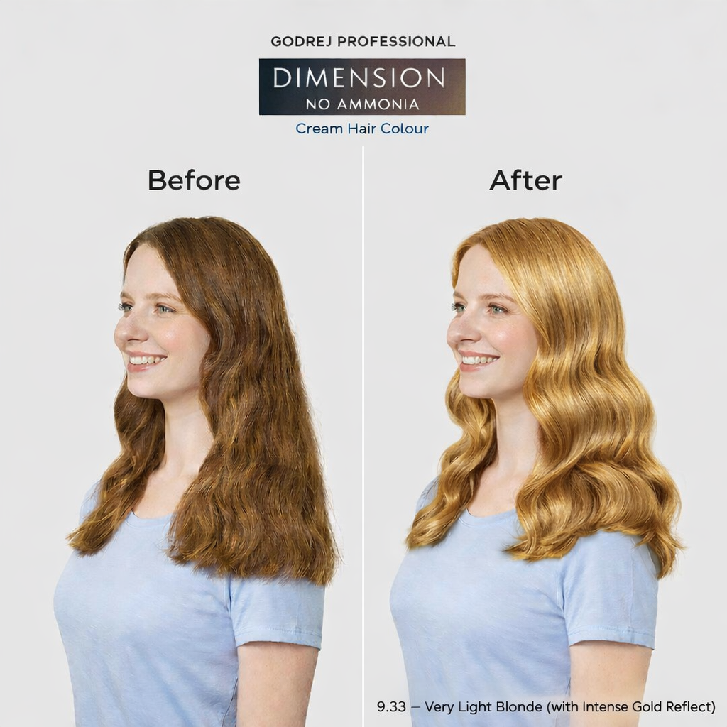 Godrej Professional Dimension No Ammonia Cream Hair Colour 9.33 Very Light Blonde before and after result showing visible hair colour transformation