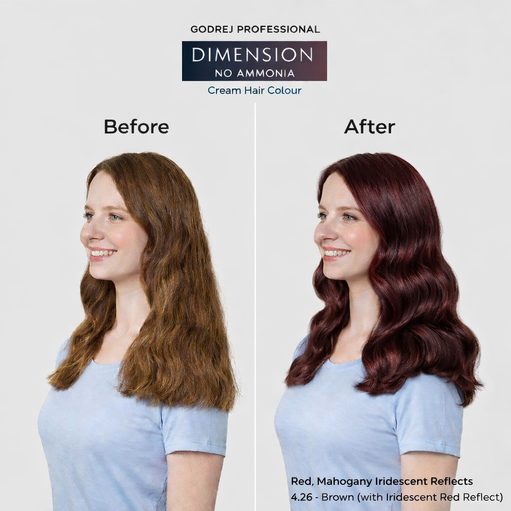 Godrej Professional Dimension No Ammonia Cream Hair Colour Red Mahogany Iridescent Reflects 4.26 Brown before and after result showing visible hair colour transformation
