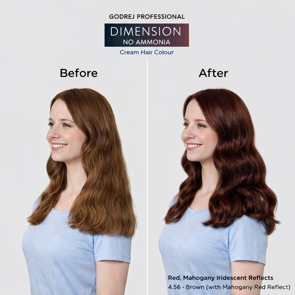 Godrej Professional Dimension No Ammonia Cream Hair Colour Red Mahogany Iridescent Reflects 4.56 Brown before and after result showing visible hair colour transformation