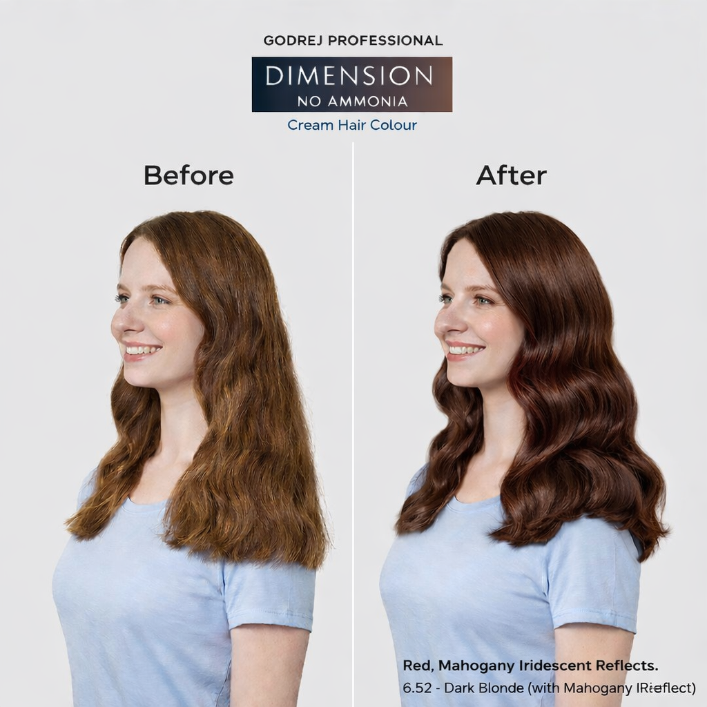 Godrej Professional Dimension No Ammonia Cream Hair Colour Red Mahogany Iridescent Reflects 6.52 Dark Blonde before and after result showing visible hair colour transformation