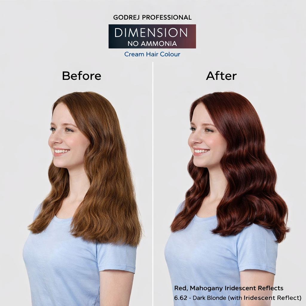 Godrej Professional Dimension No Ammonia Cream Hair Colour Red Mahogany Iridescent Reflects 6.62 Dark Blonde before and after result showing visible hair colour transformation