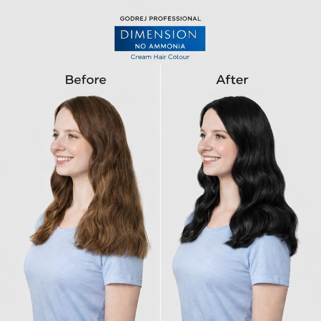 Godrej Professional Dimension No Ammonia Cream Hair Colour Black before and after result showing visible hair colour transformation
