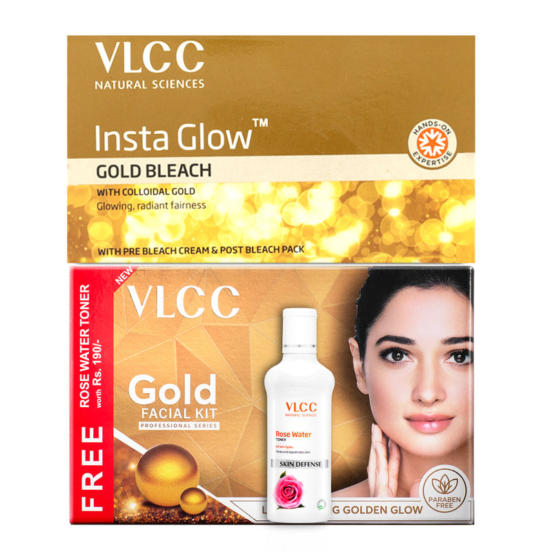 VLCC Gold Facial Kit with Free Rose Water Toner and Insta Glow Gold Bleach - Buy from Indicrest