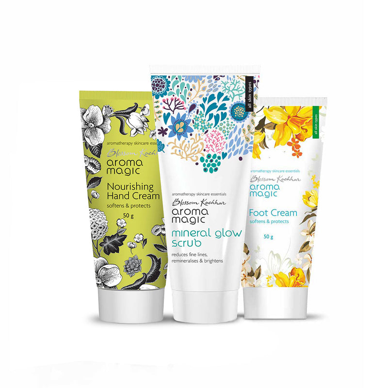 Aroma Magic Hand & Foot Care Regime, Hand Cream 50g + Foot Cream 50g + Mineral Glow Scrub 100g - Buy from Indicrest
