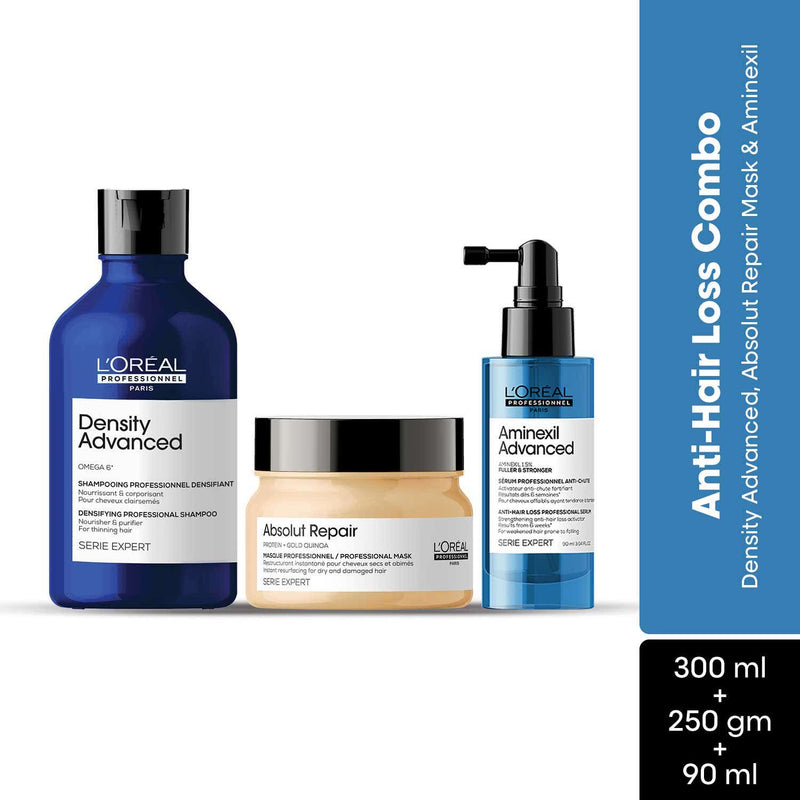 L'Oreal Professionnel Density Advanced Shampoo, Absolut Repair Hair Mask and Aminexil Advanced Serum Combo Buy at Indicrest