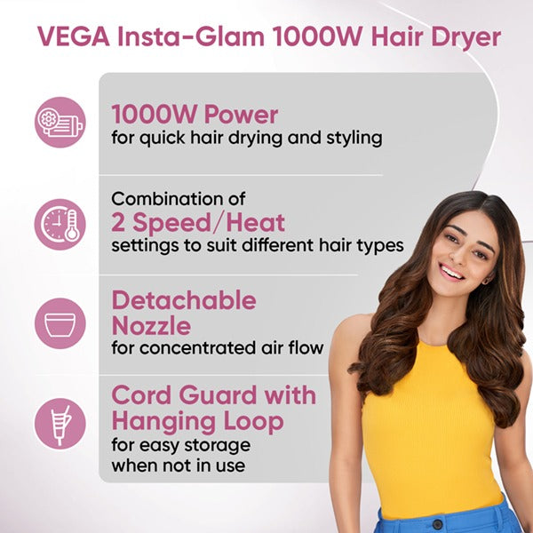 Vega Insta Glam 1000 Watts Hair Dryer - VHDH-20