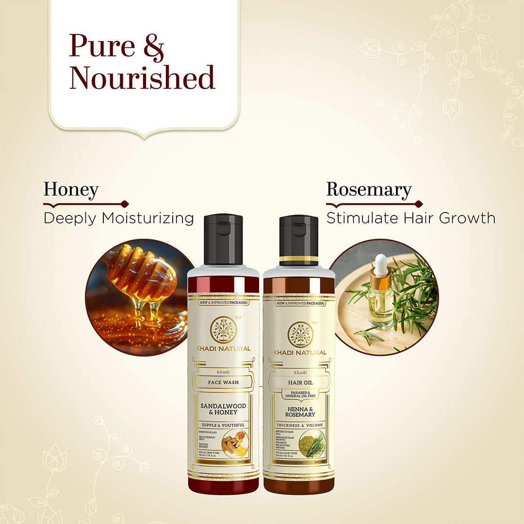 Khadi Herbal Sandalwood & Honey Face Wash with Henna Rosemary Hair Oil Combo (Set of 2) - Image 2 - Buy from Indicrest