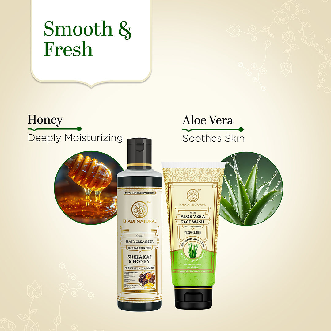 Khadi Herbal Shikakai & Honey Hair Cleanser with Aloe Vera Face Wash Combo (Set of 2) - Image 2 - Buy from Indicrest