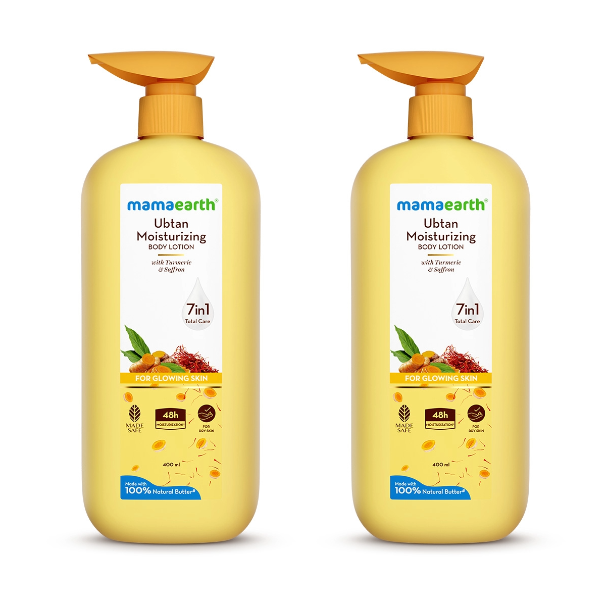 Mamaearth Ubtan Moisturizing Body Lotion with Turmeric & Saffron for Glowing Skin, Pack of 2 X 400ml - Buy from Indicrest