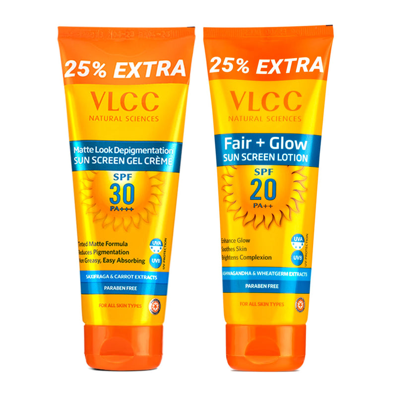 VLCC Matte Look Sunscreen SPF 30 PA+++ and Fair+Glow Sunscreen Lotion SPF20 PA ++ - Buy from Indicrest