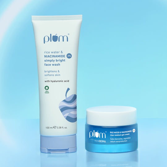 Plum Simply Bright Routine! 2% Niacinamide & Plum Rice Water face wash & 2% Niacinamide Gel Cream Buy at Indicrest