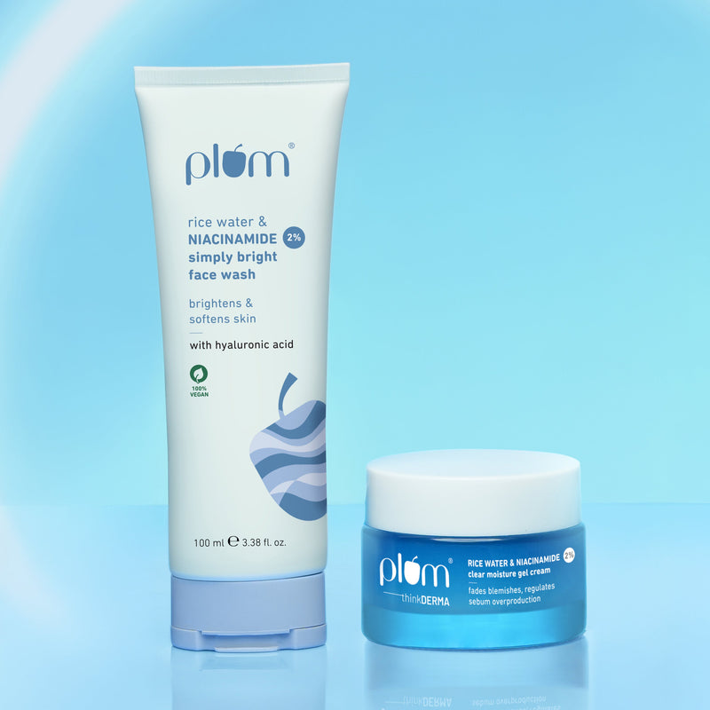 Plum Simply Bright Routine! 2% Niacinamide & Plum Rice Water face wash & 2% Niacinamide Gel Cream Buy at Indicrest