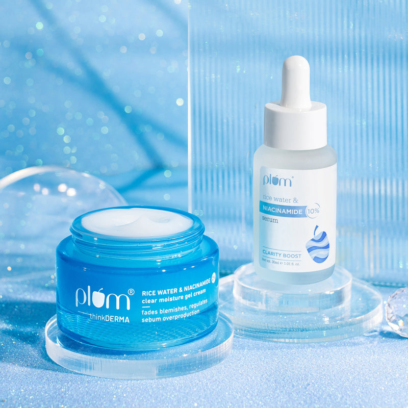Plum Clear & Bright Duo | Plum Rice Water & 2% Niacinamide Gel Cream, 25g & 10% Niacinamide Face Serum with Rice Water, 30ml Brightens Skin | Fades Blemishes | Smoothens Skin Texture | Hydrates | for All Skin Types Buy at Indicrest