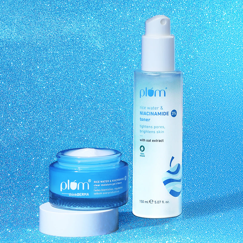 Plum The Pore-fectly Bright Chemistry with Plum Rice Water & 2% Niacinamide Gel Cream & Plum Rice Water & 3% Niacinamide Toner Buy at Indicrest