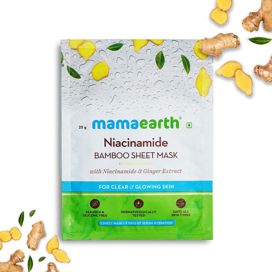 Mamaearth Niacinamide Bamboo Sheet Mask with Niacinamide and Ginger Extract for Clear and Glowing Skin, 25g - Buy from Indicrest