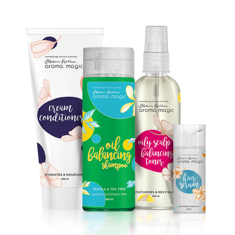 Aroma Magic Oily Scalp Control Regime, Shampoo 200ml + Cream Conditioner 200ml + Oily Scalp Balancing Toner 200ml + Hair Serum 30ml - Buy from Indicrest