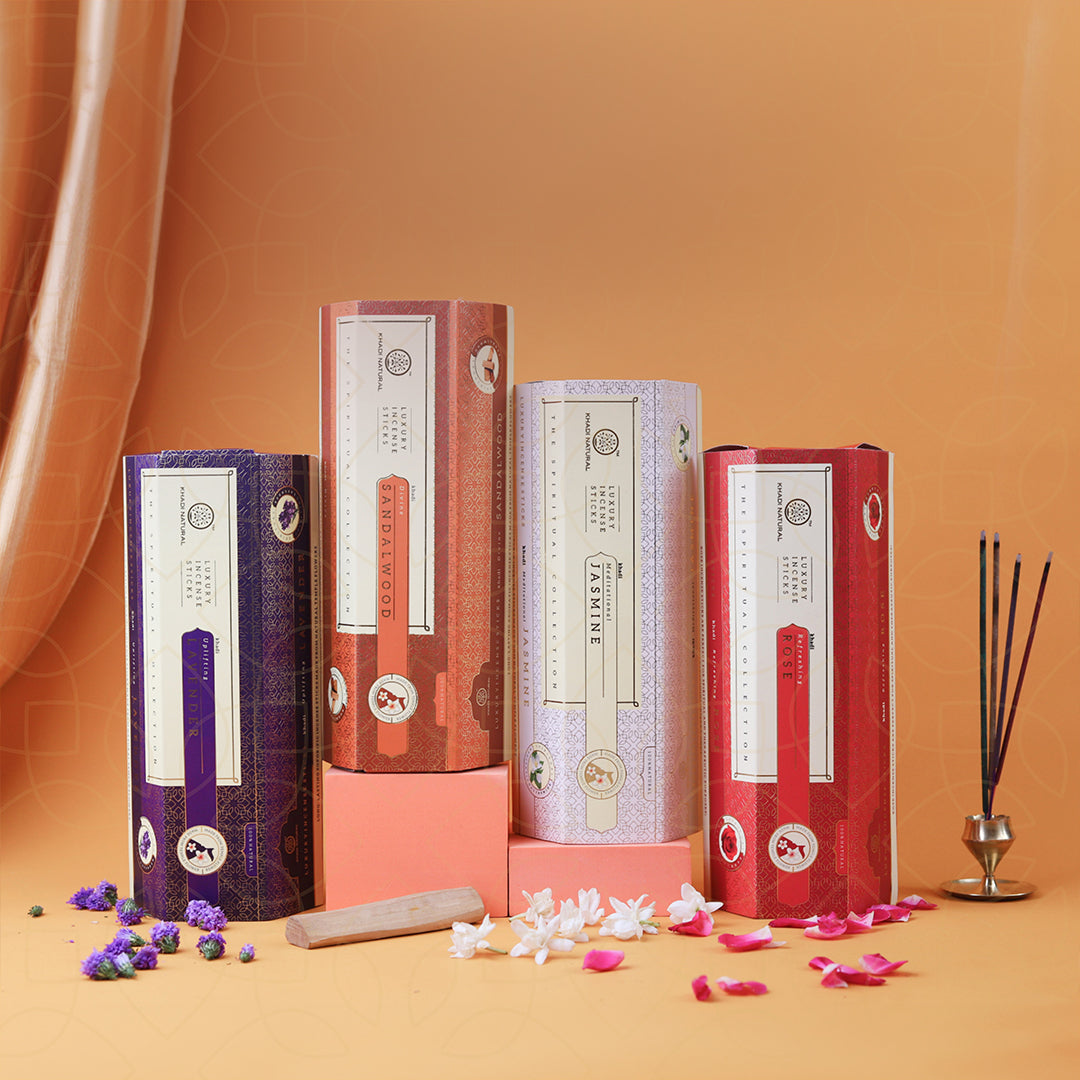 Khadi Natural Incense Sticks Collection – Jasmine - Rose - Lavender & Sandalwood Combo Pack of 12 - Buy from Indicrest