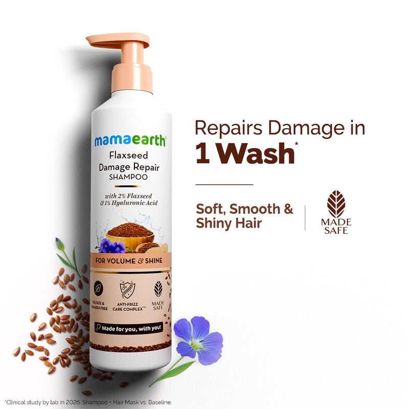 Mamaearth Flaxseed Damage Repair Shampoo with 2% Flaxseed & 1% Hyaluronic Acid for Volume & Shine -250 ml - Buy from Indicrest