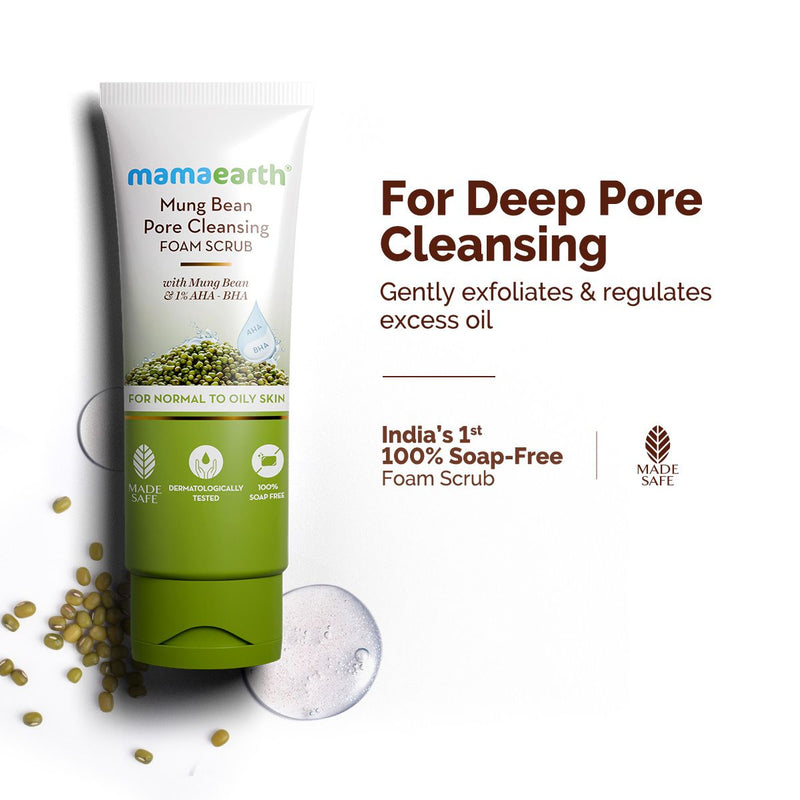 Mamaearth Mung Bean Pore Cleansing Foam Scrub with Mung Bean, AHA & BHA for Normal to Oily Skin, 100g - Buy from Indicrest
