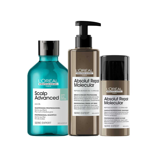 L'Oréal Professionnel Paris Anti-Oiliness Shampoo + Absolut Repair Molecular Rinse-Off Serum + Absolut Repair Molecular Leave-In Mask (300ml +250ml+100ml) Buy at Indicrest