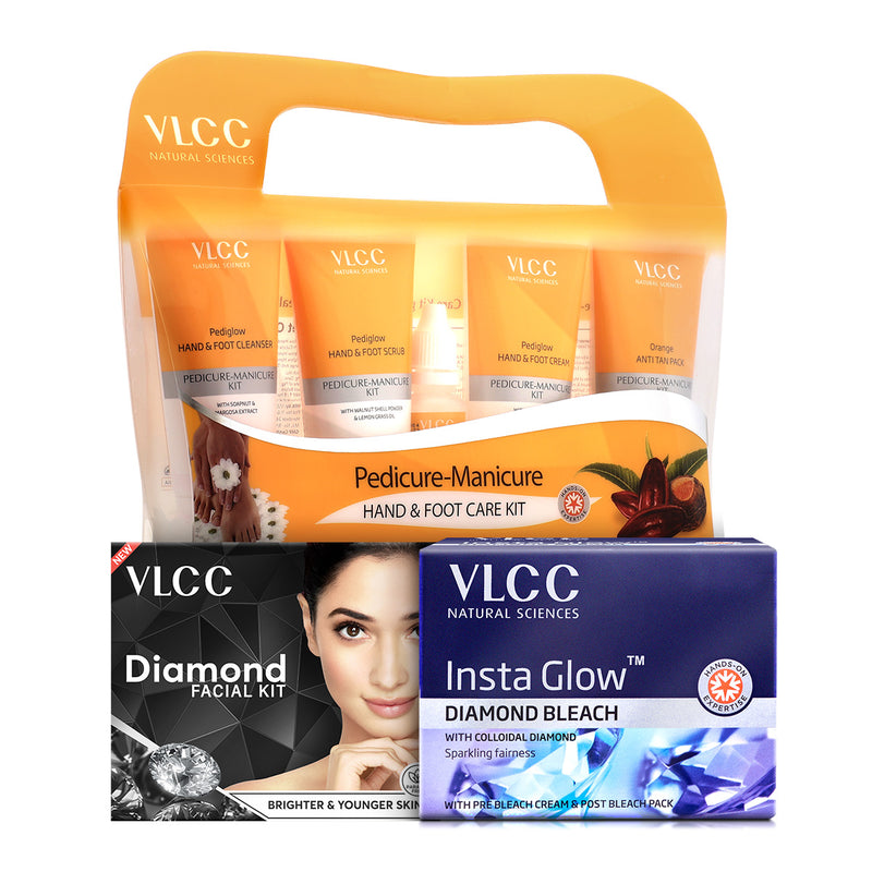 VLCC Salon At Home Combo - Diamond Facial Kit, Diamond Bleach, Manicure and Pedicure Kit - Buy from Indicrest