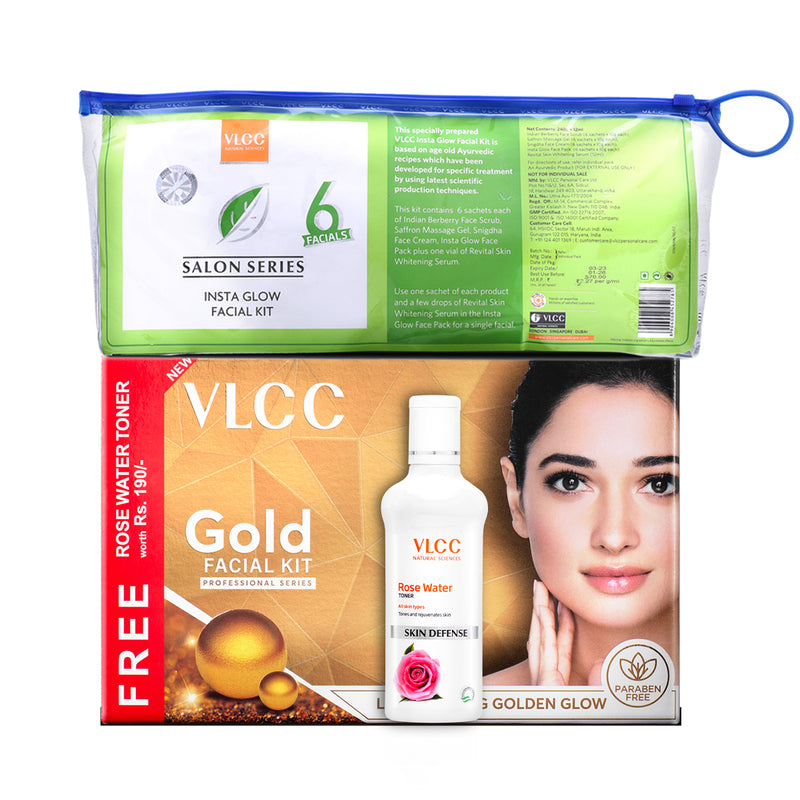 VLCC Salon Series Insta Glow and Gold Facial Kit with Free Rose Water Toner - Buy from Indicrest
