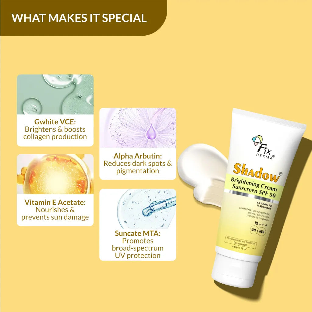 Fixderma Shadow Brightening Sunscreen Cream SPF 50+ | Best Sunscreen for Dry Skin that Brightens & Protects, 50g - Image 2 - Buy from Indicrest