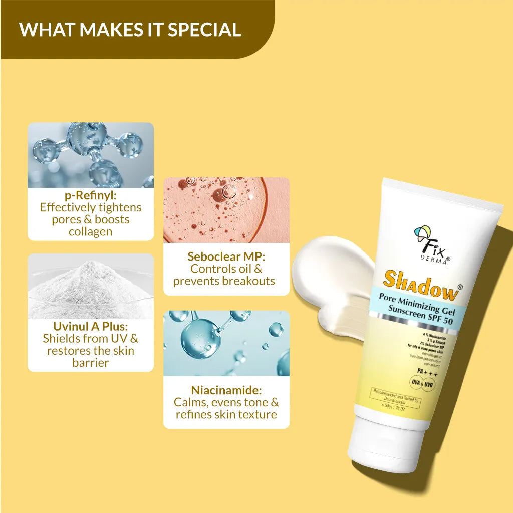 Fixderma Shadow Pore Minimizing Gel Sunscreen SPF 50 | Best Non-Greasy Gel Sunscreen for Oily Skin, 50g - Image 2 - Buy from Indicrest