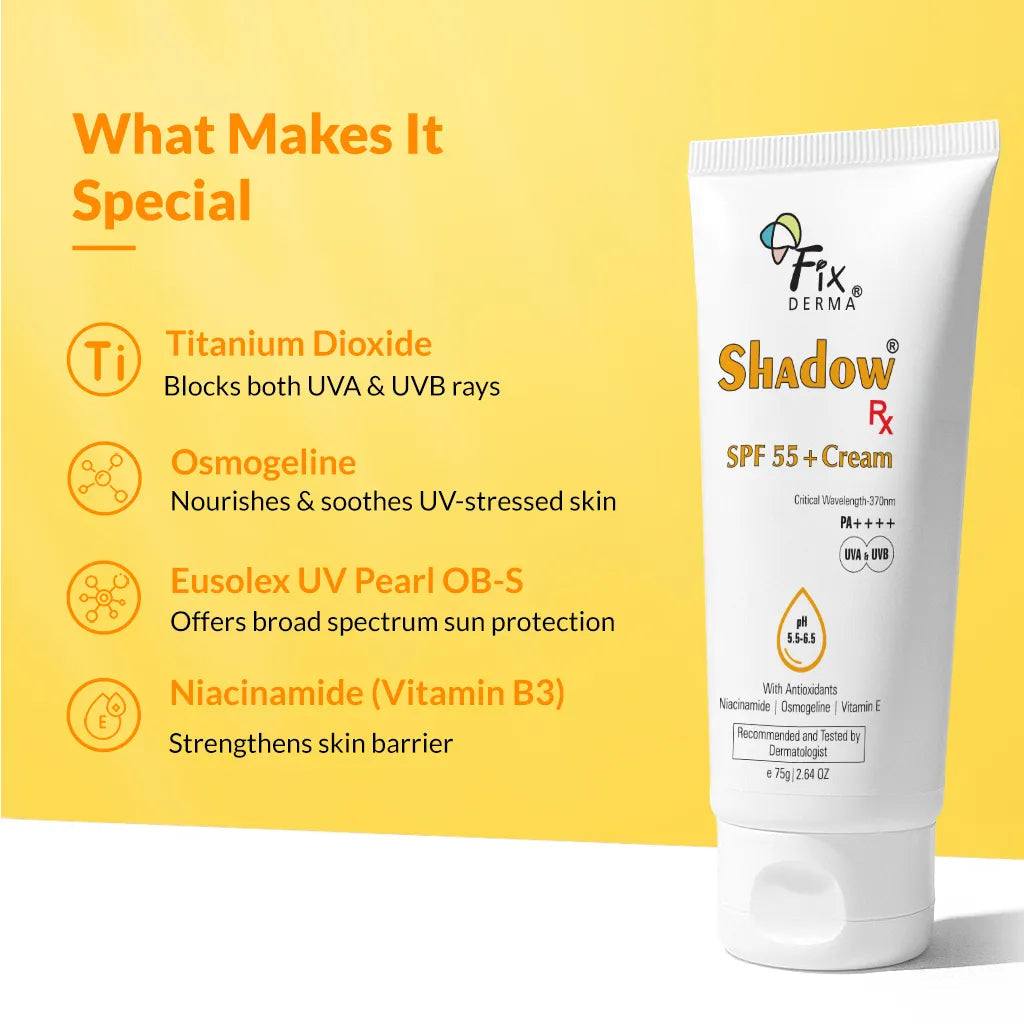 Fixderma Shadow Rx SPF 55+ Cream | SPF 55+ Protection Against UV Damage & Blue Light, 75g - Image 2 - Buy from Indicrest