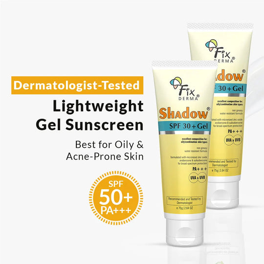 Fixderma Shadow SPF 30+ Gel - 75g Pack of 2 | Lightweight Gel Sunscreen for Oily & Acne-Prone Skin - Buy from Indicrest