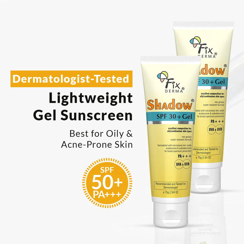 Fixderma Shadow SPF 30+ Gel - 75g Pack of 2 | Lightweight Gel Sunscreen for Oily & Acne-Prone Skin - Buy from Indicrest