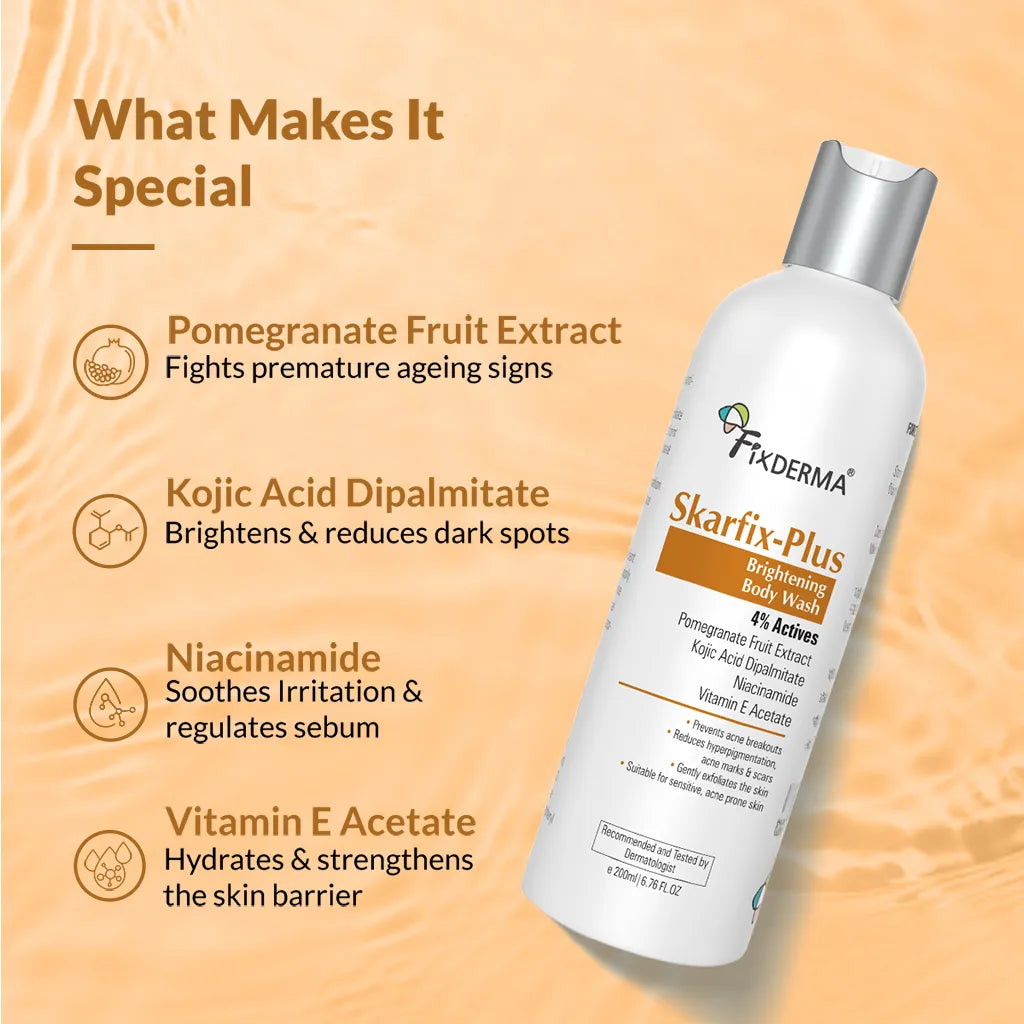 Fixderma Skarfix-Plus Brightening Body Wash | 4% actives to cleanse, brighten, and fade dark spots, 200ml - Image 2 - Buy from Indicrest