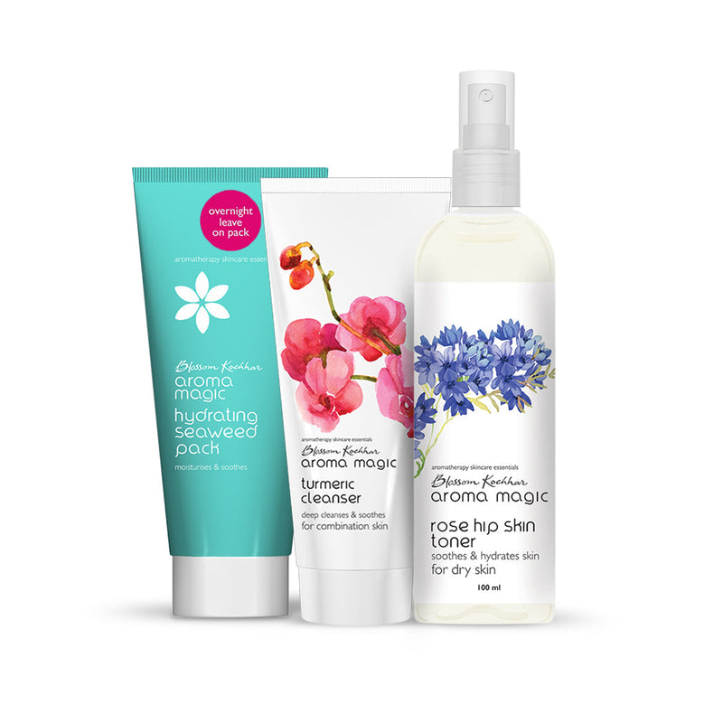 Aroma Magic Summer Essential Combo - Turmeric Cleanser, Rose Hip Toner & Hydrating Seaweed Face Pack, Cleanser 100g + Rose Hip Skin Toner 100ml + Hydrating Seaweed Pack 100g + Big Turmeric Cleanser 200g + Rose Hip Skin Toner 100ml - Buy from Indicrest