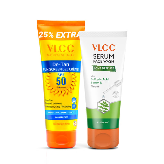 VLCC De Tan SPF 50 Sunscreen Gel Crème - SPF 50 PA+++ and Acne Defense Serum Facewash With Salicylic Acid Serum and Neem Combo - Buy from Indicrest