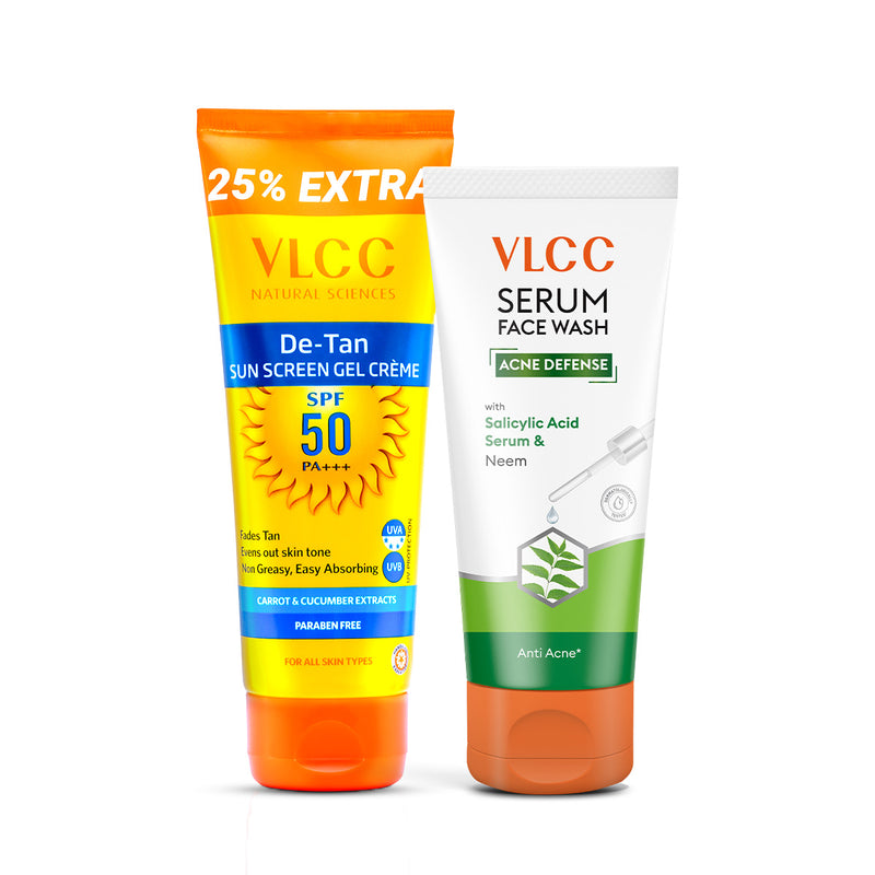 VLCC De Tan SPF 50 Sunscreen Gel Crème - SPF 50 PA+++ and Acne Defense Serum Facewash With Salicylic Acid Serum and Neem Combo - Buy from Indicrest