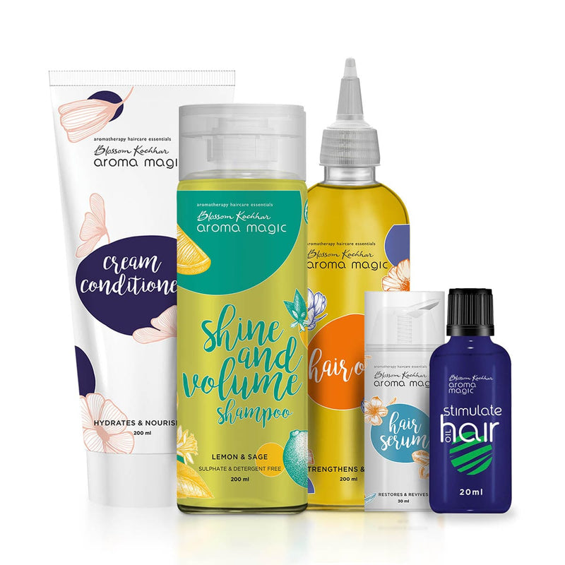 Aroma Magic Thin & Dull Hair Care Regime, Hair Oil 200ml + Stimulate Oil 20ml + Shine and Volume Shampoo 200ml + Cream Conditioner 200ml + Hair Serum 30ml - Buy from Indicrest