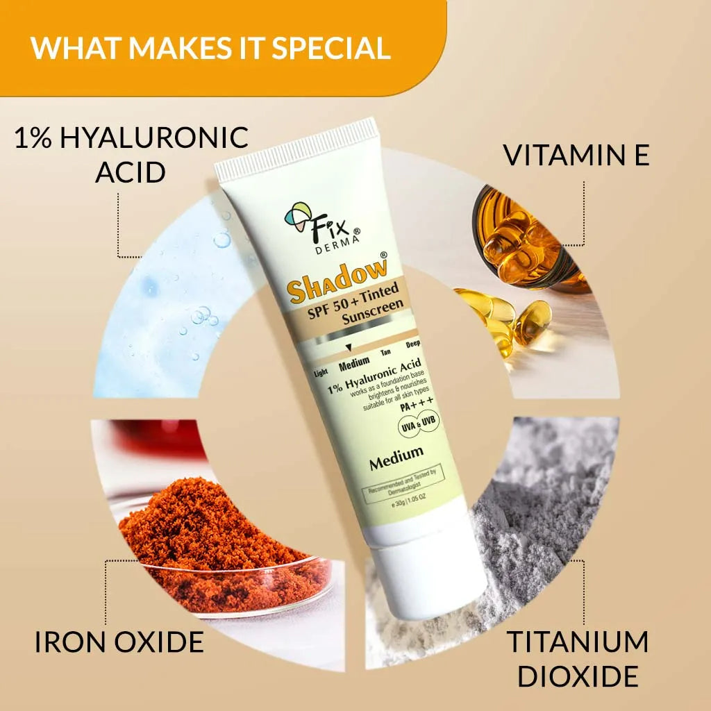 Fixderma Shadow SPF 50+ Tinted Sunscreen | 1% Hyaluronic Acid sunscreen, available in four flexible shades, 30g - Image 3 - Buy from Indicrest