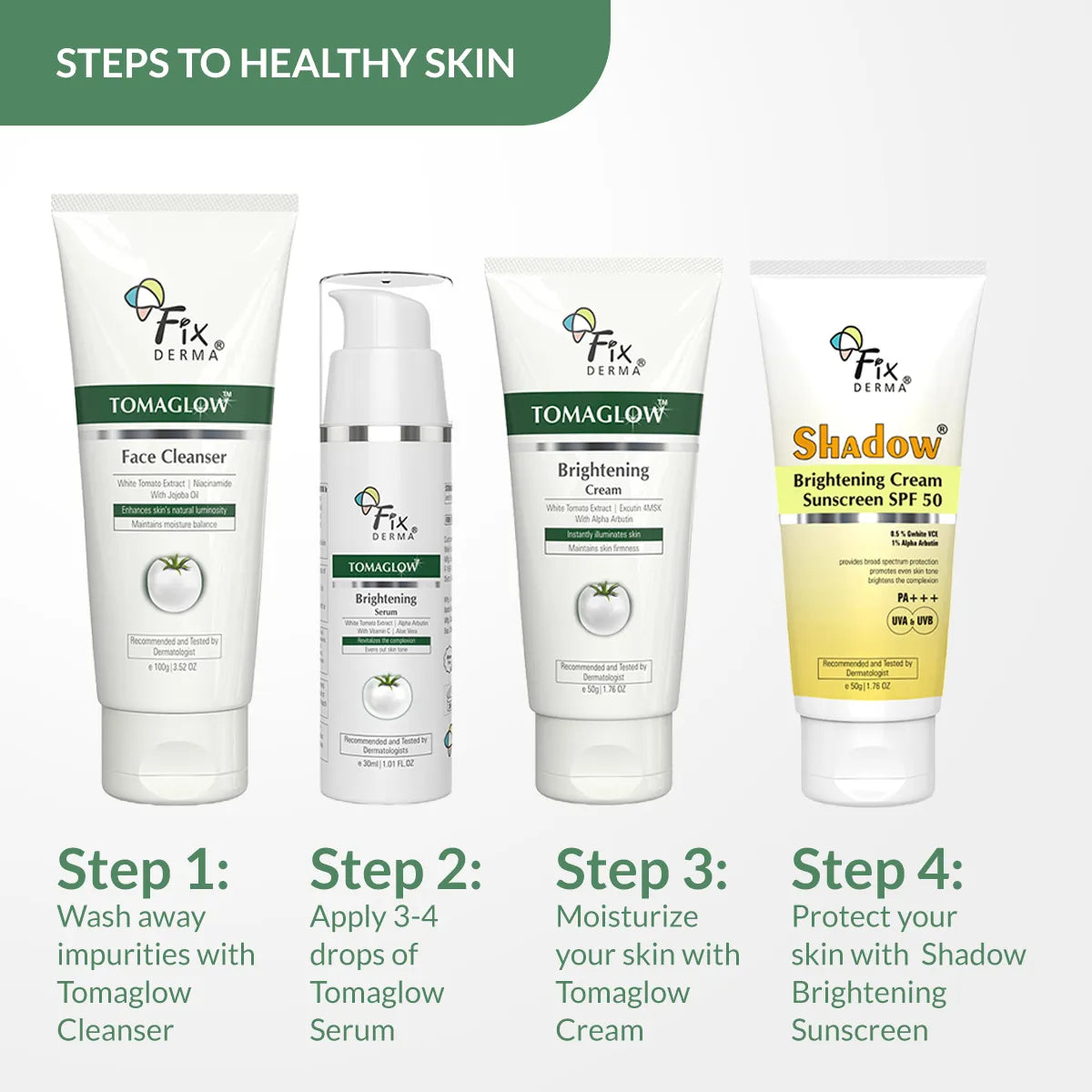 Fixderma Tomaglow Brightening CSMS Kit | 4-Step Routine For Brighter, Glowing Skin, Face Cleanser 100g + Face Serum 30ml + Cream 50g + Sunscreen 40g - Image 6 - Buy from Indicrest