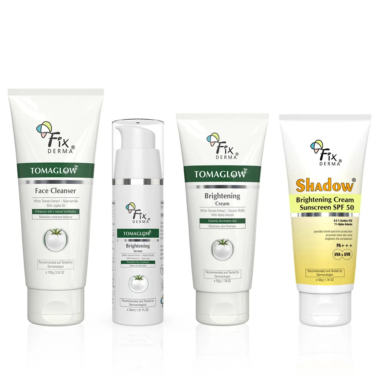 Fixderma Tomaglow Brightening CSMS Kit | 4-Step Routine For Brighter, Glowing Skin, Face Cleanser 100g + Face Serum 30ml + Cream 50g + Sunscreen 40g - Image 7 - Buy from Indicrest