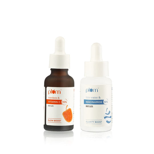 Plum Glow & Clarify Serum Combo, 15% Vitamin C Serum with Mandarin, 30ml & 10% Niacinamide Face Serum with Rice Water 30ml | Brightens Skin & Fights Hyperpigmentation Buy at Indicrest