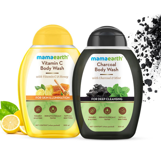 Mamaearth Body Wash Combo: Vitamin C Body Wash and Charcoal Body Wash, 300ml + 300ml - Buy from Indicrest