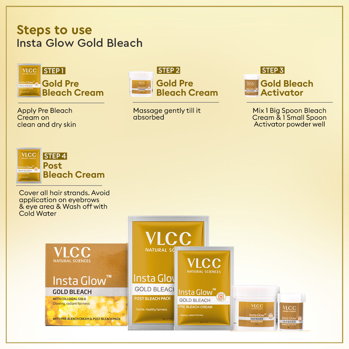 VLCC Salon At Home Combo - Gold Facial Kit and Insta Glow Gold Bleach for Skin Brightening - Image 5 - Buy from Indicrest
