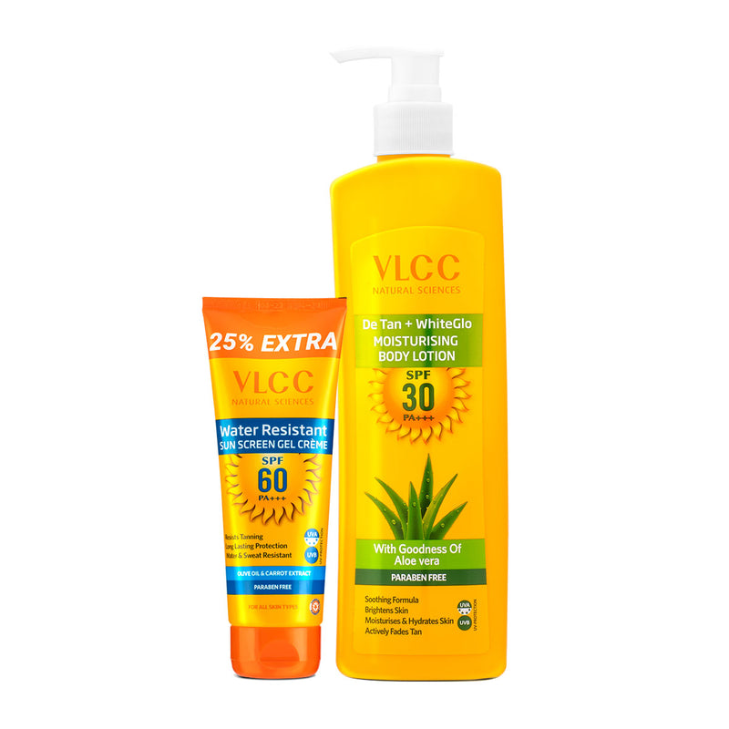 VLCC Water Resistant Sunscreen SPF 60 PA+++ and DeTan + WhiteGlo Moisturising Body Lotion SPF 30 PA+++ - Buy from Indicrest